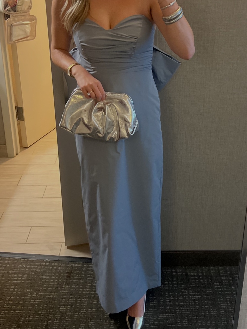 ARRANGE Strapless Ruched Bodice Maxi Dress in Slate Blue